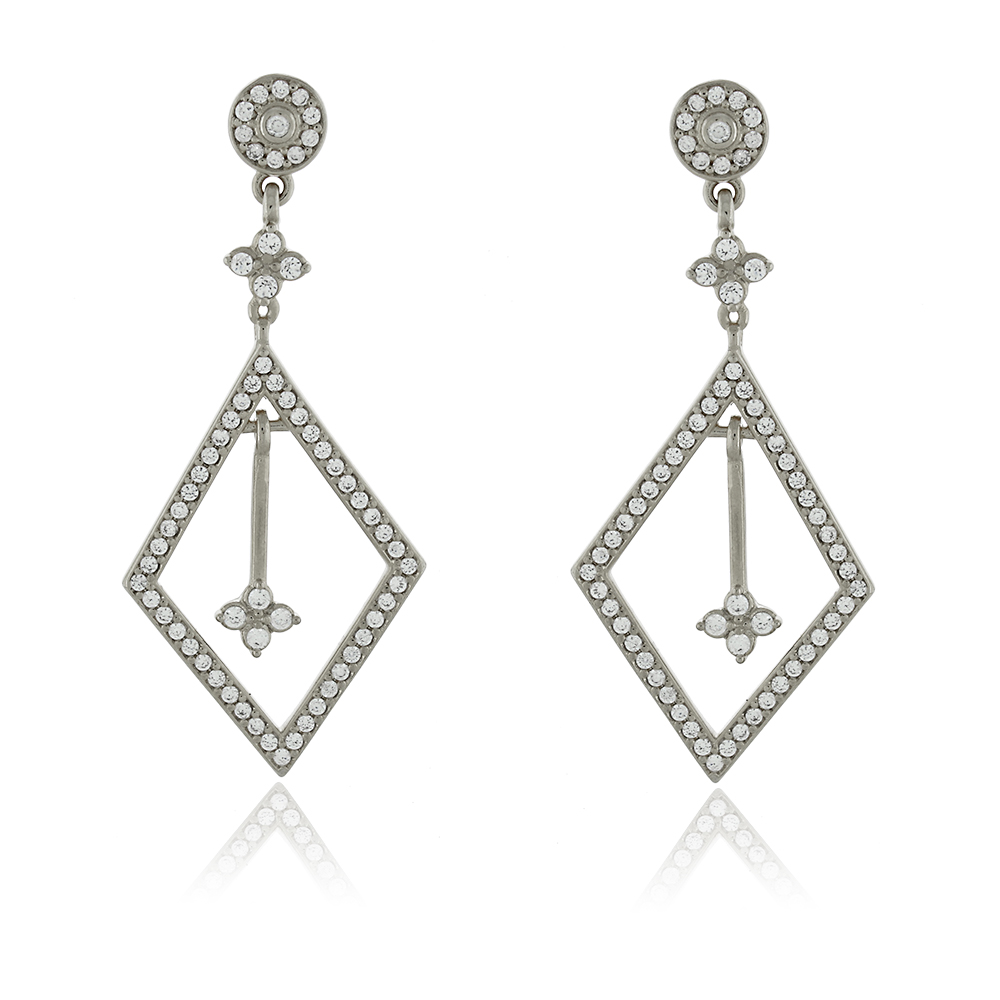 Brinco Longo Losango com Zircônias Banho de Ródio Branco - Imagem 2