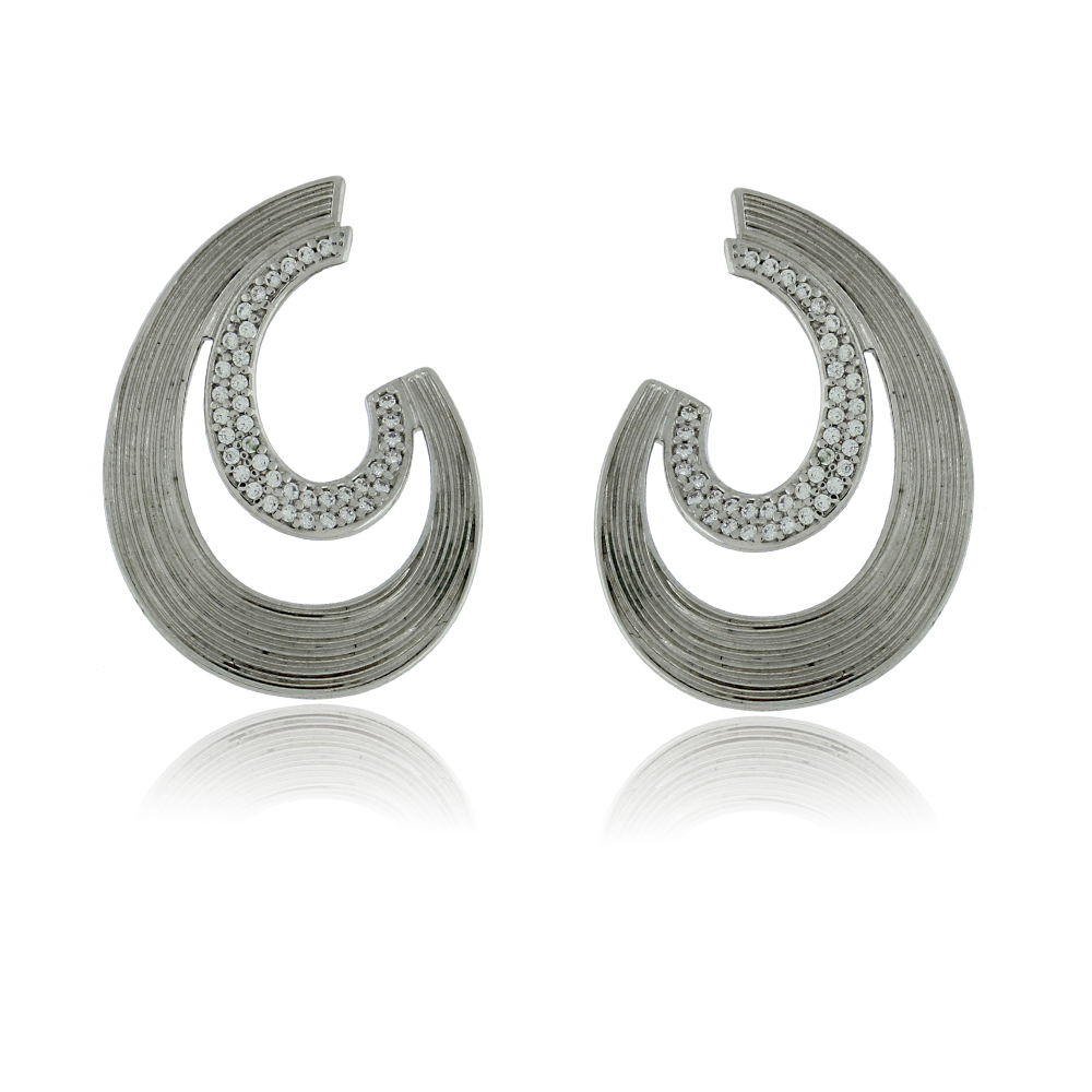 Brinco Ródio Branco Curvas Cravejadas Design Moderno - Imagem 2